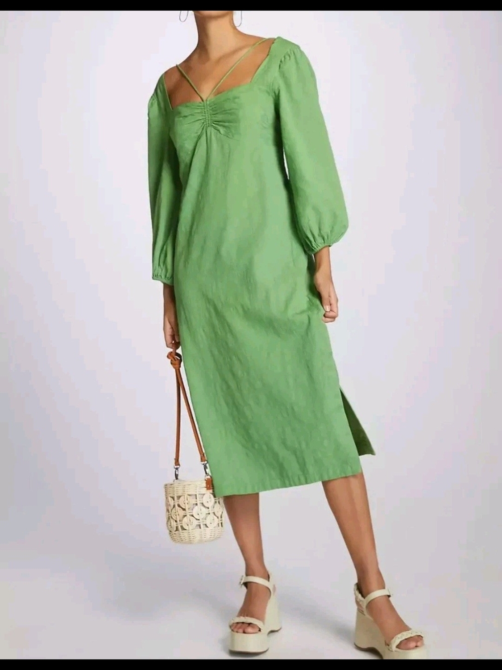 NWT Maeve By Anthropologies Green Low Back Midi Dress, Puff Sleeves. SIZE 14